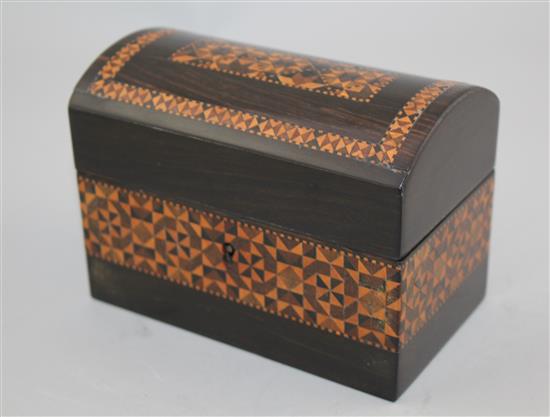 A Tunbridge ware coromandel half square mosaic banded triple scent bottle box, 5.25in.